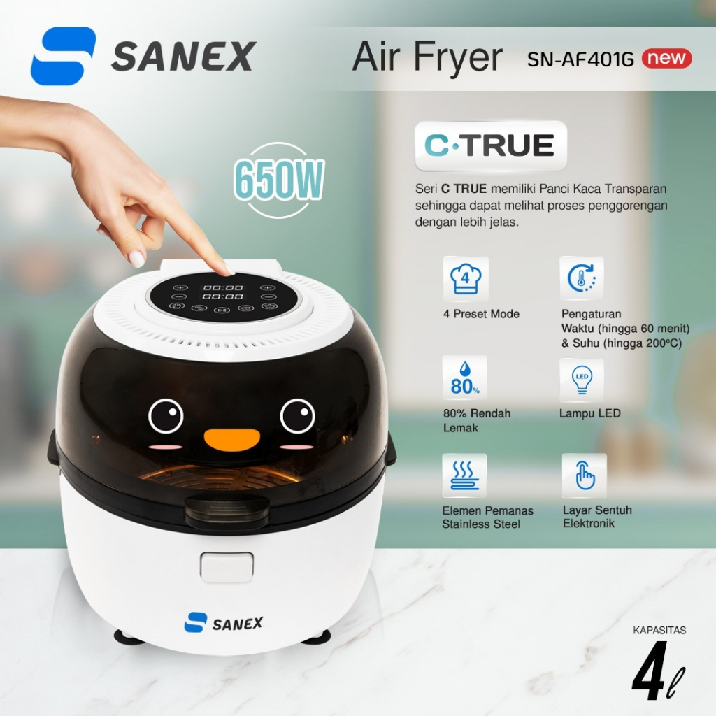 SANEX Air Fryer Penggorengan Tanpa Minyak 4 Liter Panci kaca Transparan SN-AF401G C-TRUE