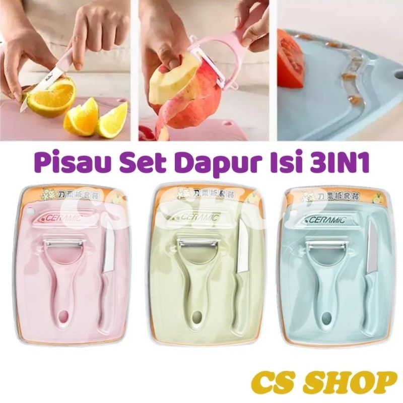 PISAU SET TALENAN 3IN1 STANLESS/PISAU SET PENGUPAS BUAH SAYUR/KNIFEE PEELER FRUIT CHOPPING BOARD