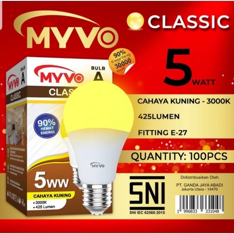 Lampu Led MYVO CLASSIC 5 Watt 5W Garansi 1 Tahun Cahaya Putih Dan Kuning Super Terang