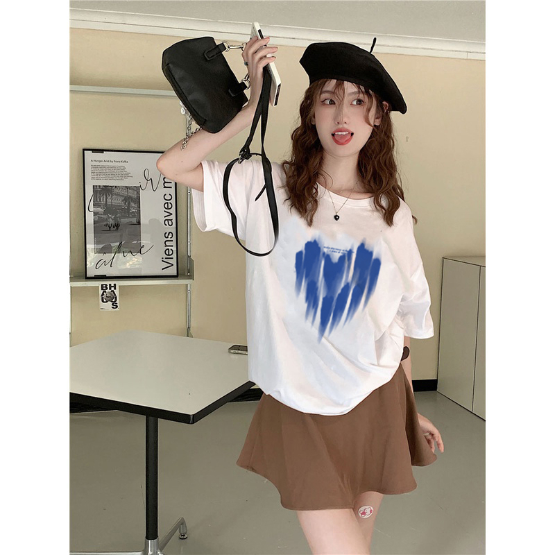 100%  Katun Heart Kaos Lengan Pendek Cream Atasan Wanita Oversize Printed T-shirt Kekinian Korean Style/kaos import wanita jumbo