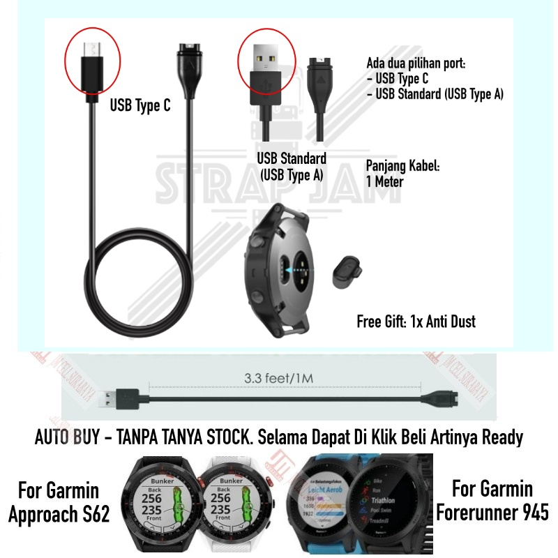 Cable Kabel Charge Data For Garmin Approach S62 / Garmin Forerunner 945 - USB A / Type C