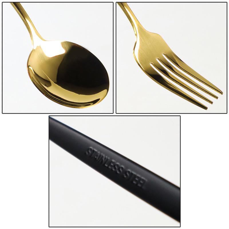 Set Perlengkapan Alat Makan Sendok Garpu Pisau Eropa Korea Western Stainless Stell Black Gold