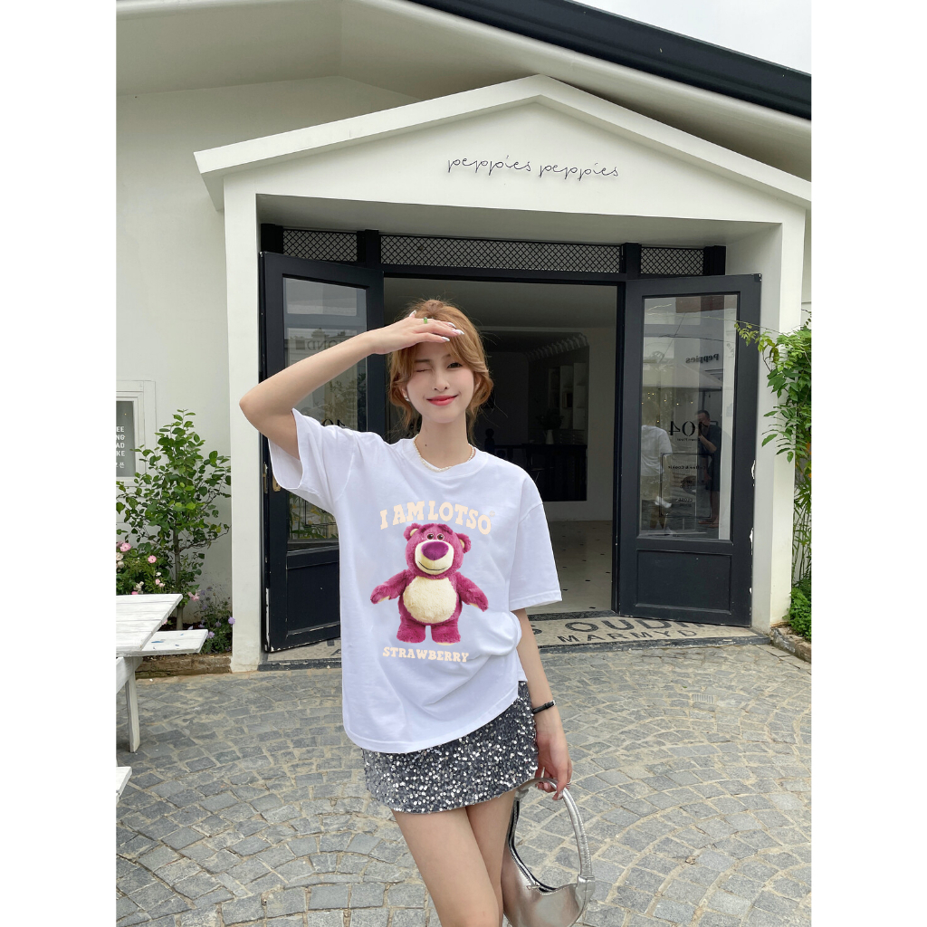 XiaoZhaiNv Kaos Atasan Oversize Wanita Strawberry Bear Pattern Lengan Pendek A0921