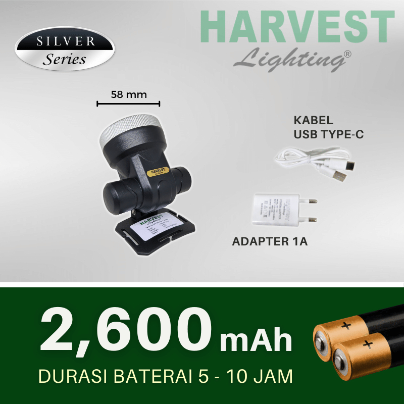 S80W Paket isi 8 - Headlamp HARVEST LIGHTING Senter Kepala LED Silver IPX4 2600mAh Lampu Emergency Travel  Hunting Berburu Rechargeable Original Bergaransi