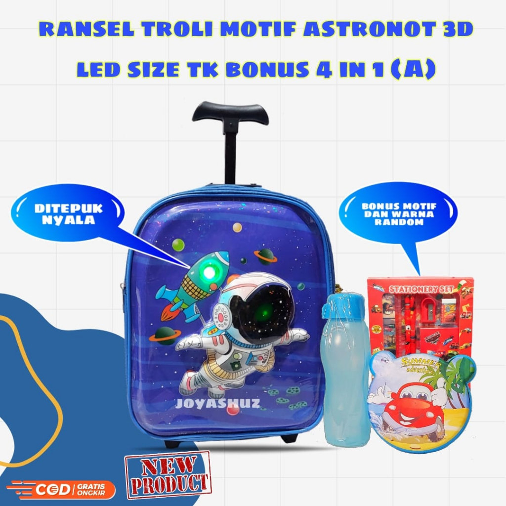 Tas Troli Anak Laki Laki Karakter Astronot Gratis Bonus - Ransel Anak Laki-laki - Ransel Troli Anak SD TK - Troli Astronot  - Tas Gratis Botol -  Tas Sekolah Anak Troli - Astronot Luar Angkasa - Tas Dorong Astro - Joyashuz