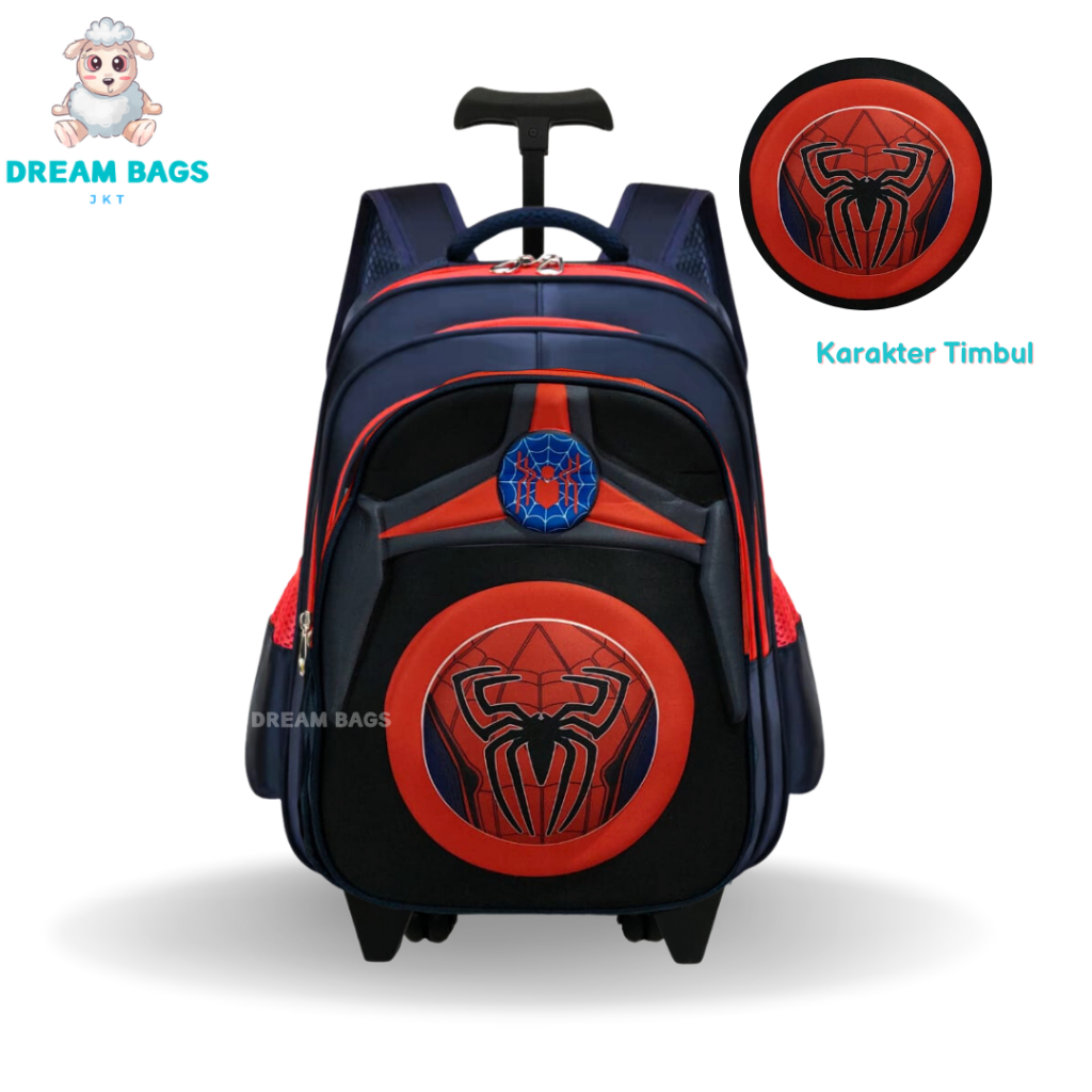 Tas Troli Anak Laki Laki Sekolah SD Import Dream Bags Tas Koper Anak - Trolley Anak - Tas Dorong Anak - Karakter Spider