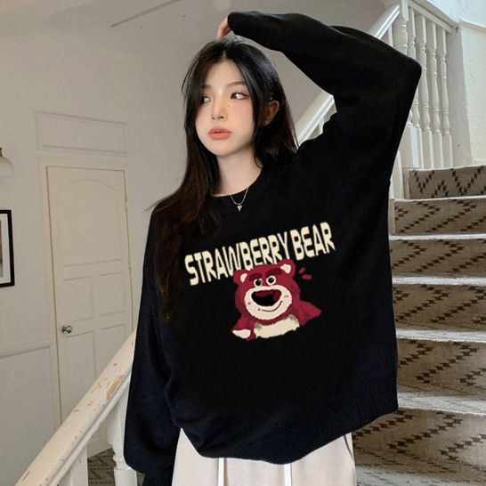 Kaos Stasan Wanita Oversize Couple Sweater American Vintage Bear Cartoon Graphic Priting Top Kekinian Casual Sweater