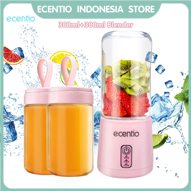 ecentio blender juicer portable 300ml+300ml 4 mata pisau ganda botol USB electric mini kaca cangkir gelas blender