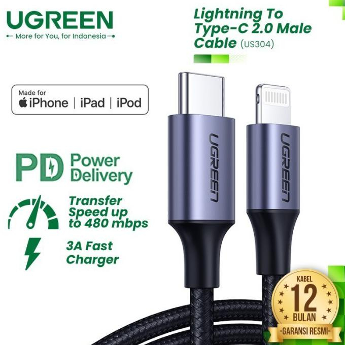 UGREEN Kabel Charger MFI Untuk Iphone 12 13 Pro Max USB C To Lightning Cable Data PD Fast Charging 20W US304