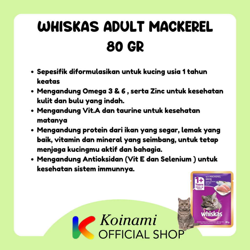 WHISKAS 80gr ADULT MACKEREL / makanan kucing / pakan kucing / cat food / wet food / pakan hewan