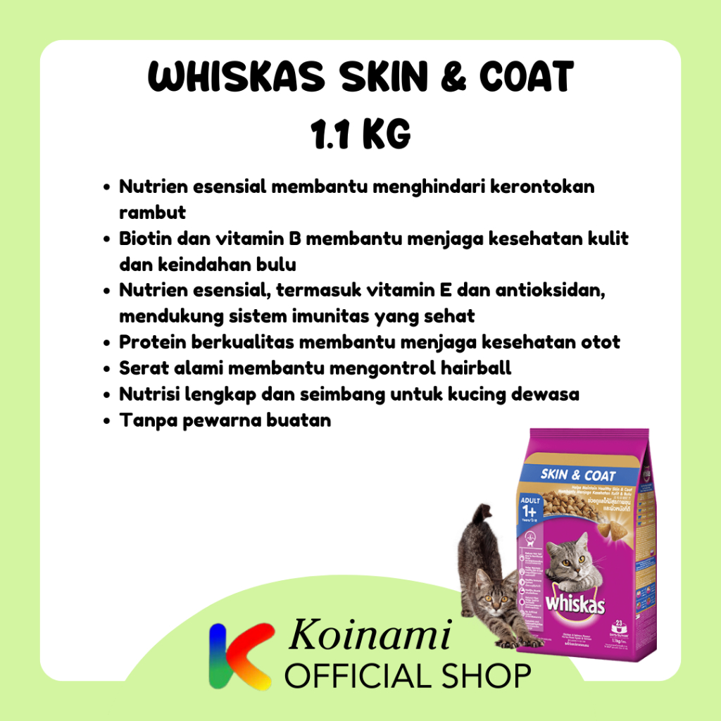 WHISKAS SKIN &amp; COAT 1,1KG - MAKANAN KUCING - PENUMBUH BULU KUCING