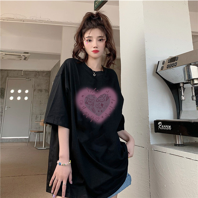 XiaoZhaiNv Kaos Atasan Oversize Wanita Pink Love Pattern Lengan Pendek A0571