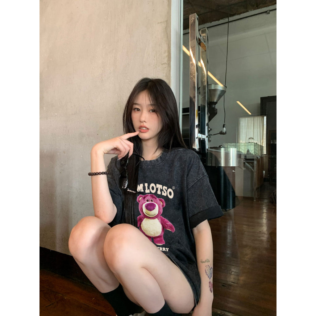 XIAOZhaiNv Kaos Atasan Wanita Strawberry Bear Pattern Lengan Pendek A0921