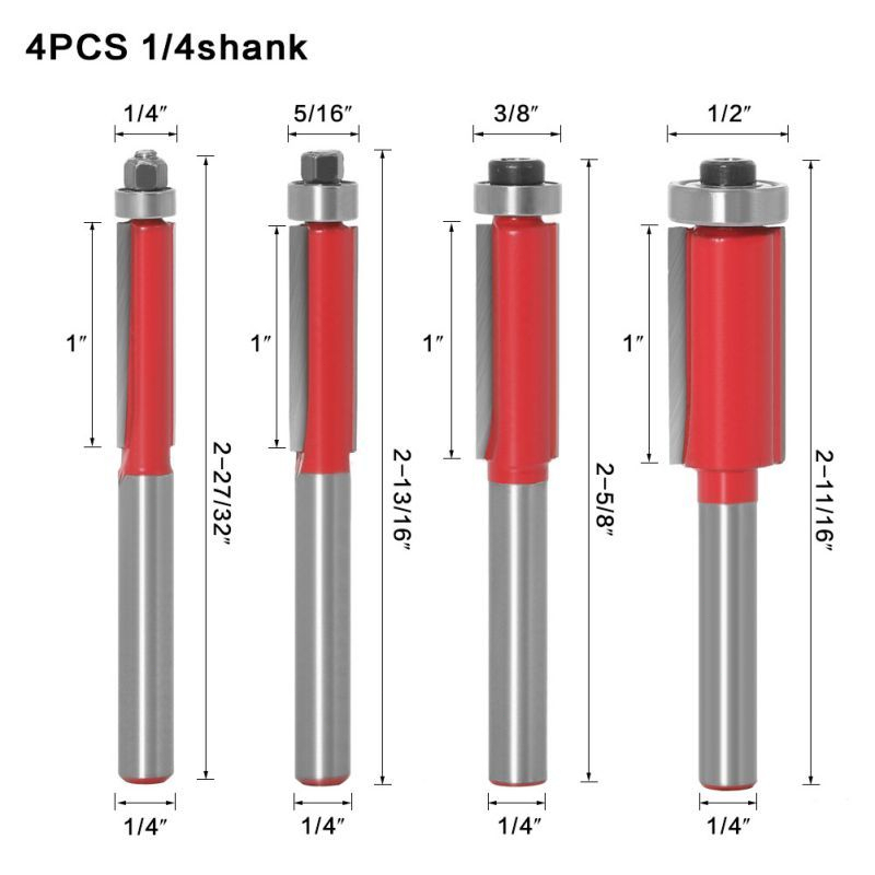 4pcs Mata Profil Router 1/4 Flush Trim Router Bits Mata Profil Lurus Flush Trimmer Bits Untuk Pemangkasan Kayu