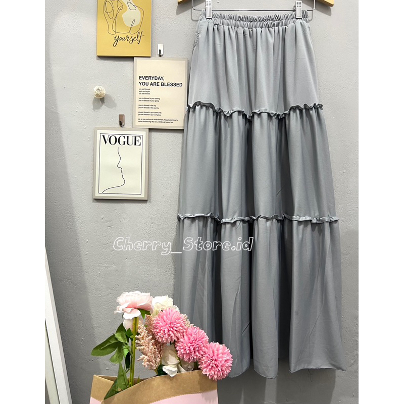 Cherry_ rok rempel beraksen 3 susun | ruffle long skirt korean style | rok panjang wanita