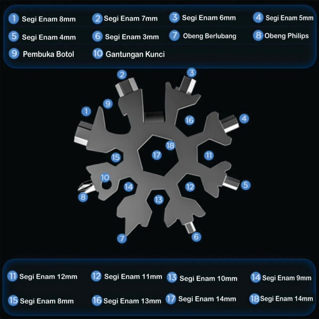 18in1 Gantungan Kunci Obeng Kunci Pas Multifungsi Snowflake Stainless Stell