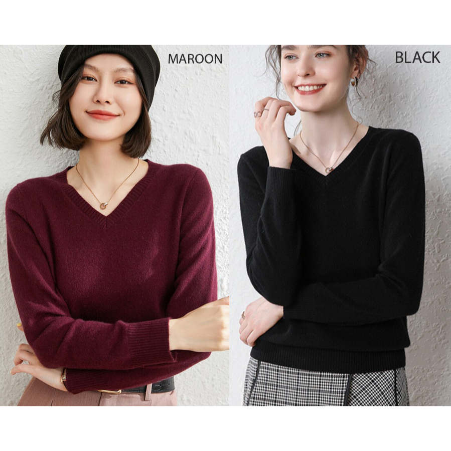 Sweater Leher V lengan panjang rajut