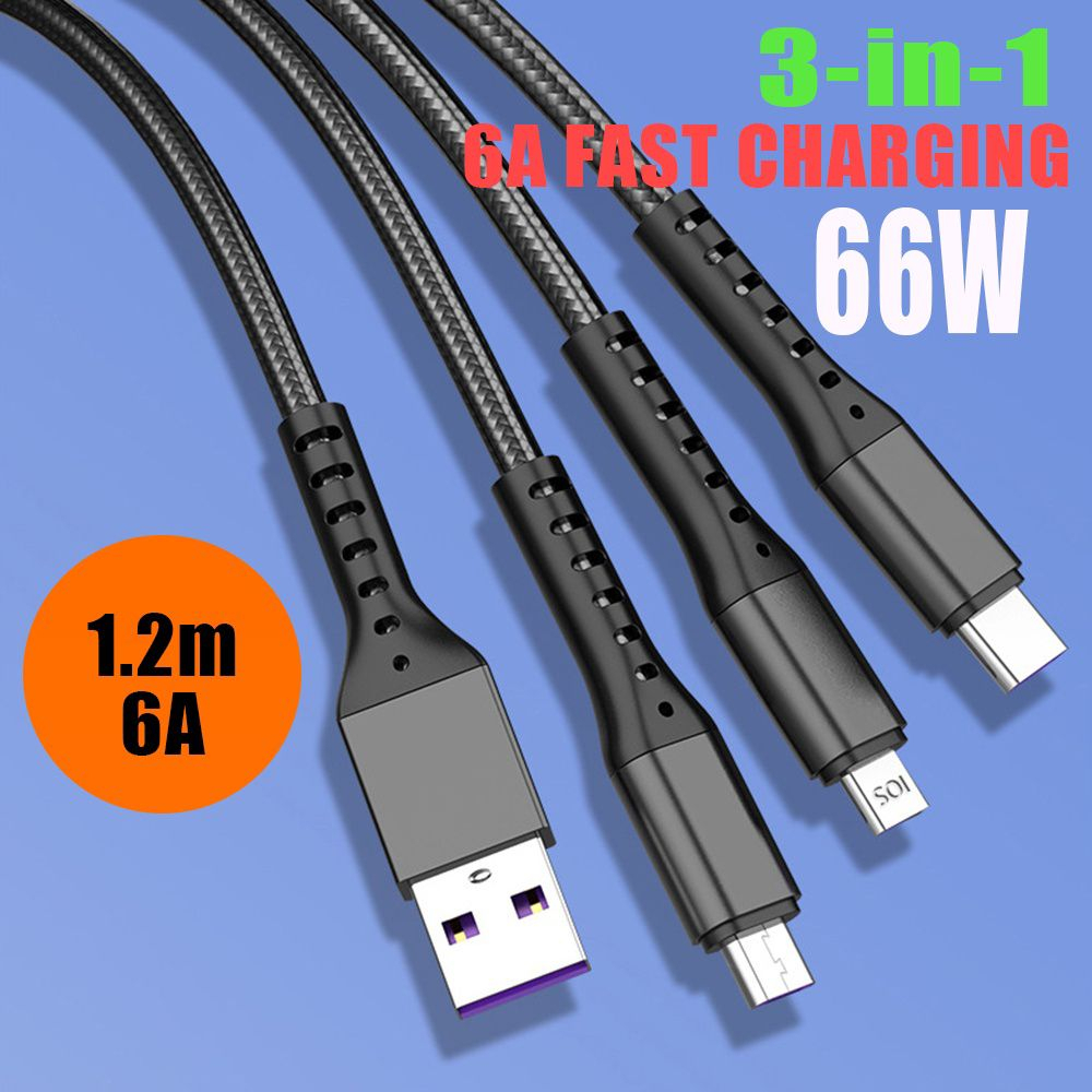 VIBOX 6A Kabel Data usb 3in1 Primary Colors Micro+Lightning+Type-C 1.2M 120CM Fast Charging 120w by.sultan
