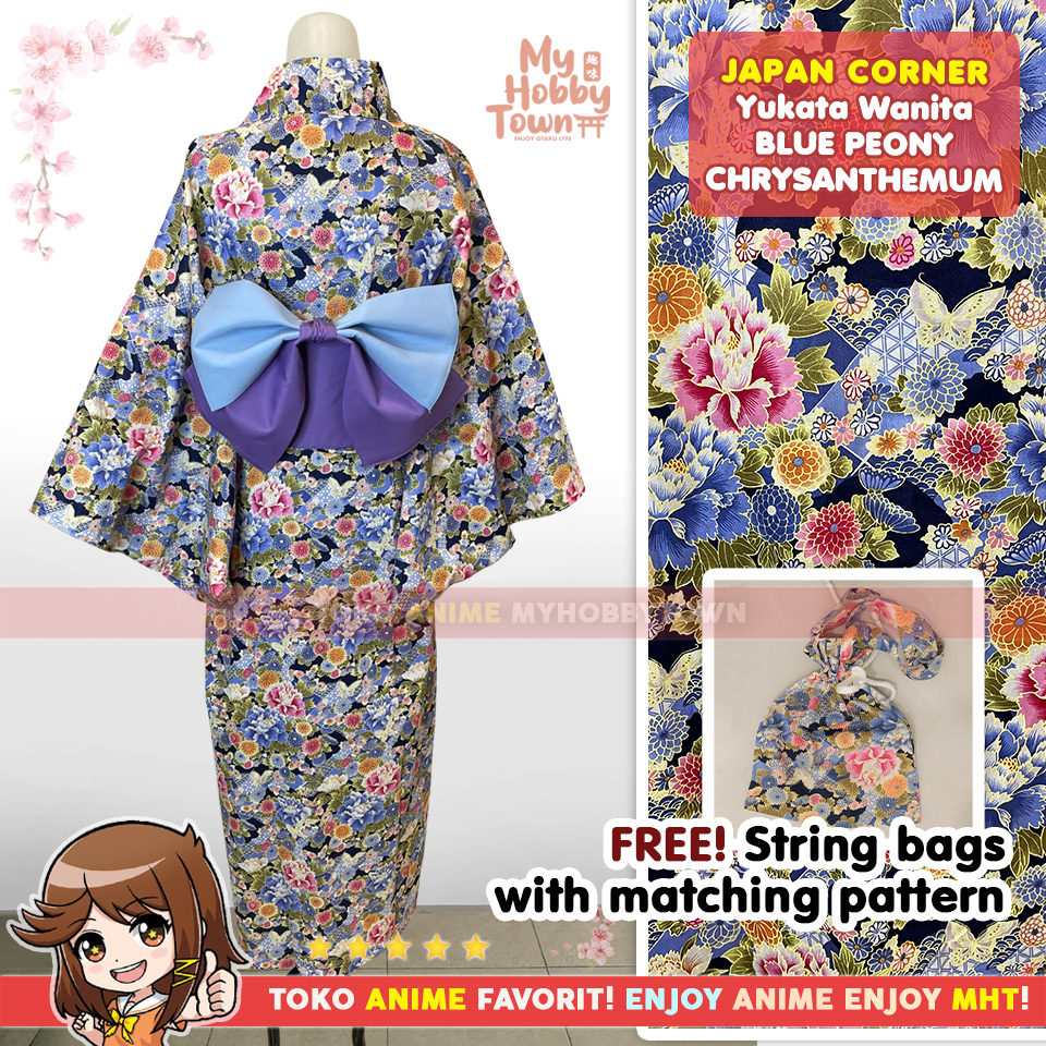 Yukata Kimono Wanita : Blue Peony Chrysanthemum