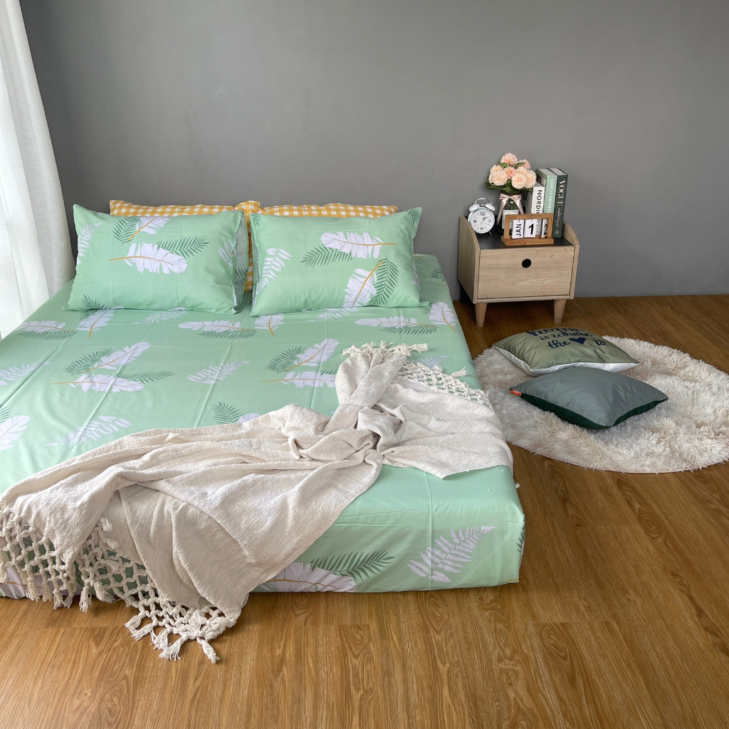 Sprei Anti Geser Katun | minimalis bunga daun leaf hijau | ukuran 90 100 180x200