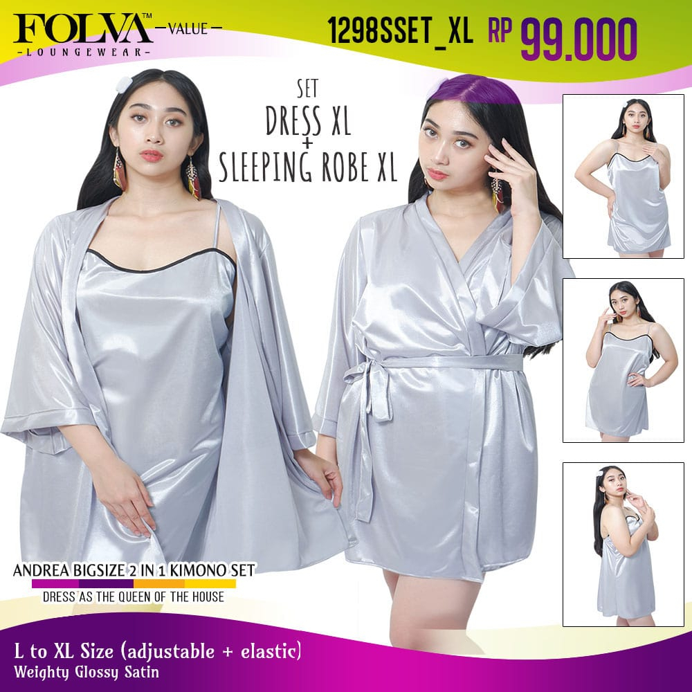 FOLVA kimono set baju tidur satin 1298SSET_XL silver big size XL