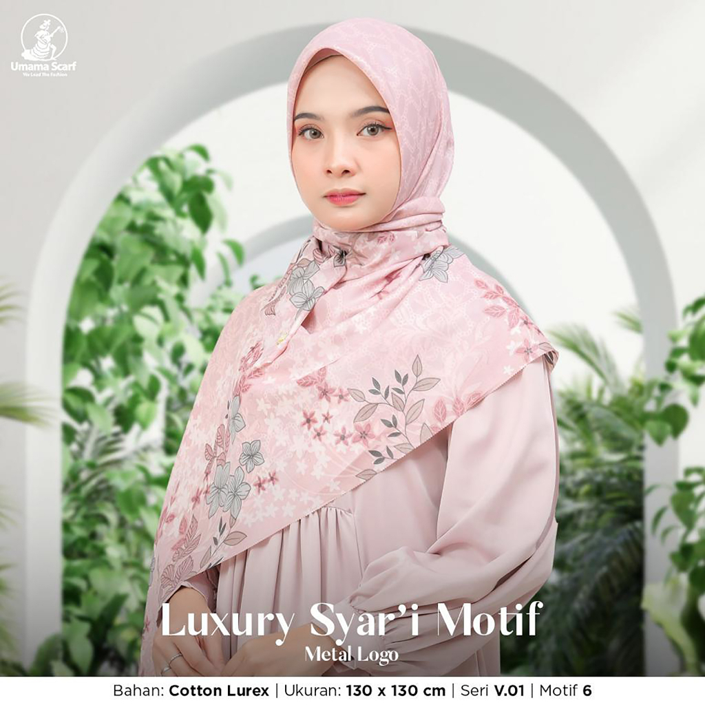 Jilbab Segiempat Syari  LUXURY PRINT Motif UMAMA LC 130 x 130 cm  kode SF metal logo bahan Cotton Lurex Glamour original PREMIUM