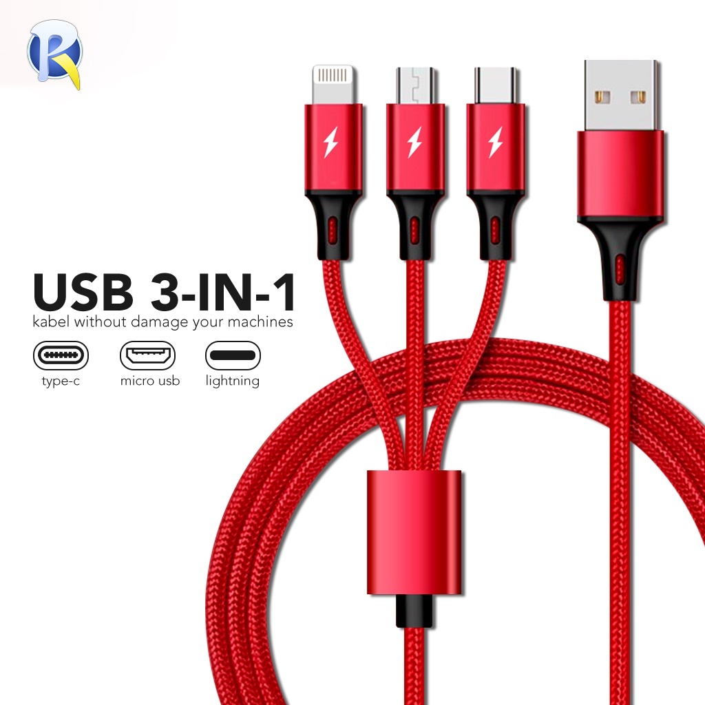 VIBOX 6A Kabel Data usb 3in1 Primary Colors Micro+Lightning+Type-C 1.2M 120CM Fast Charging - Rapid Series Nylon Kabel Casan 120w Cabang 3 Android iPhone Original Garansi Resmi 1.2meter by.minigo