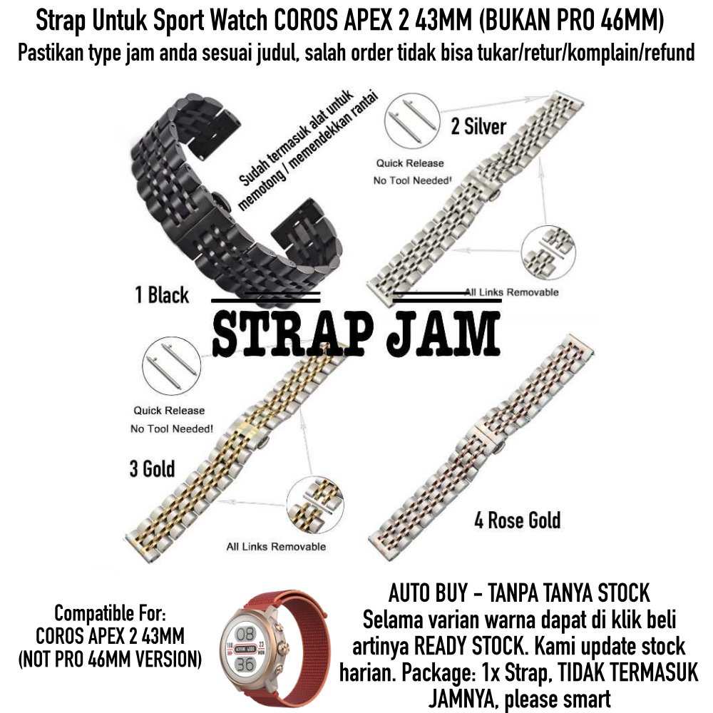 Tali Jam Coros Apex 2 43mm - Strap 20mm Dual Steel Stainless Quick Release
