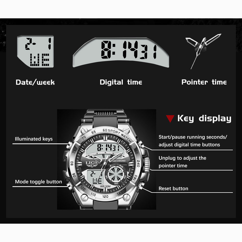 LIGE 2023 Jam Tangan Digital Olahraga Pria Tahan Air Multifungsi Dual Display Jam Tangan Elektronik Pria + KOTAK