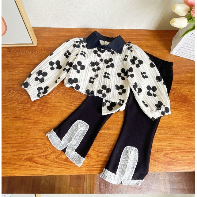 SETELAN ANAK CEWEK CELANA IMPORT - BAJU SETELAN CREAM BUNGA HITAM