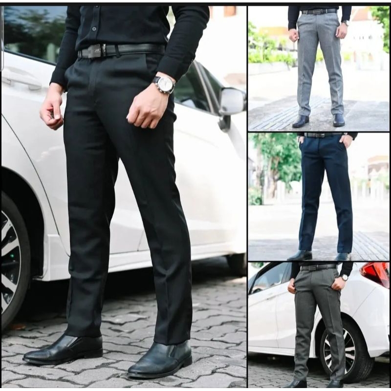 Celana bahan formal kerja kantor pria hitam panjang slimfit