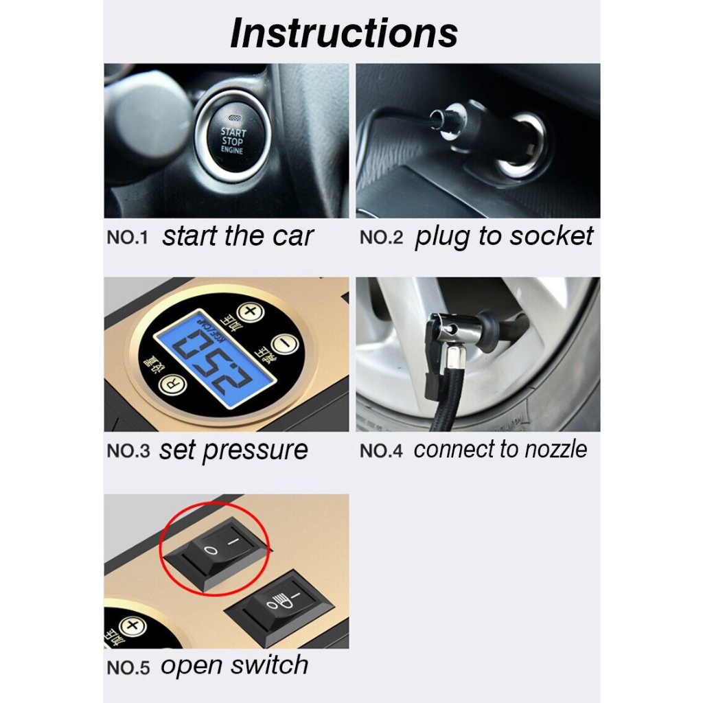 Pompa Udara Mini Inflator Ban Mobil Otomatis dengan Lampu LED Tampilan Digital Kompresor Udara Mobil Dengan 2 Nozel