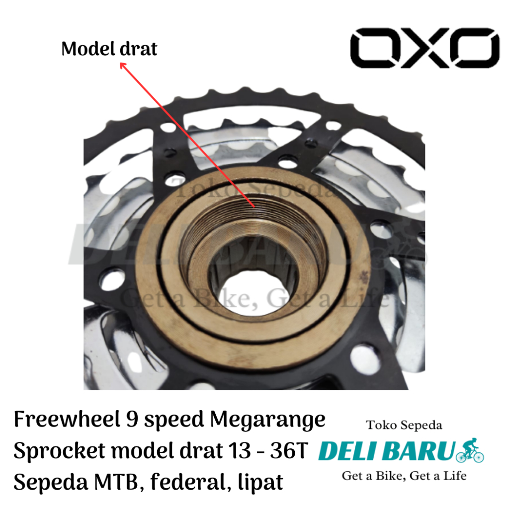 OXO Freewheel 9 speed megarange sprocket model drat 13-36T chrome CP hitam sepeda MTB federal lipat