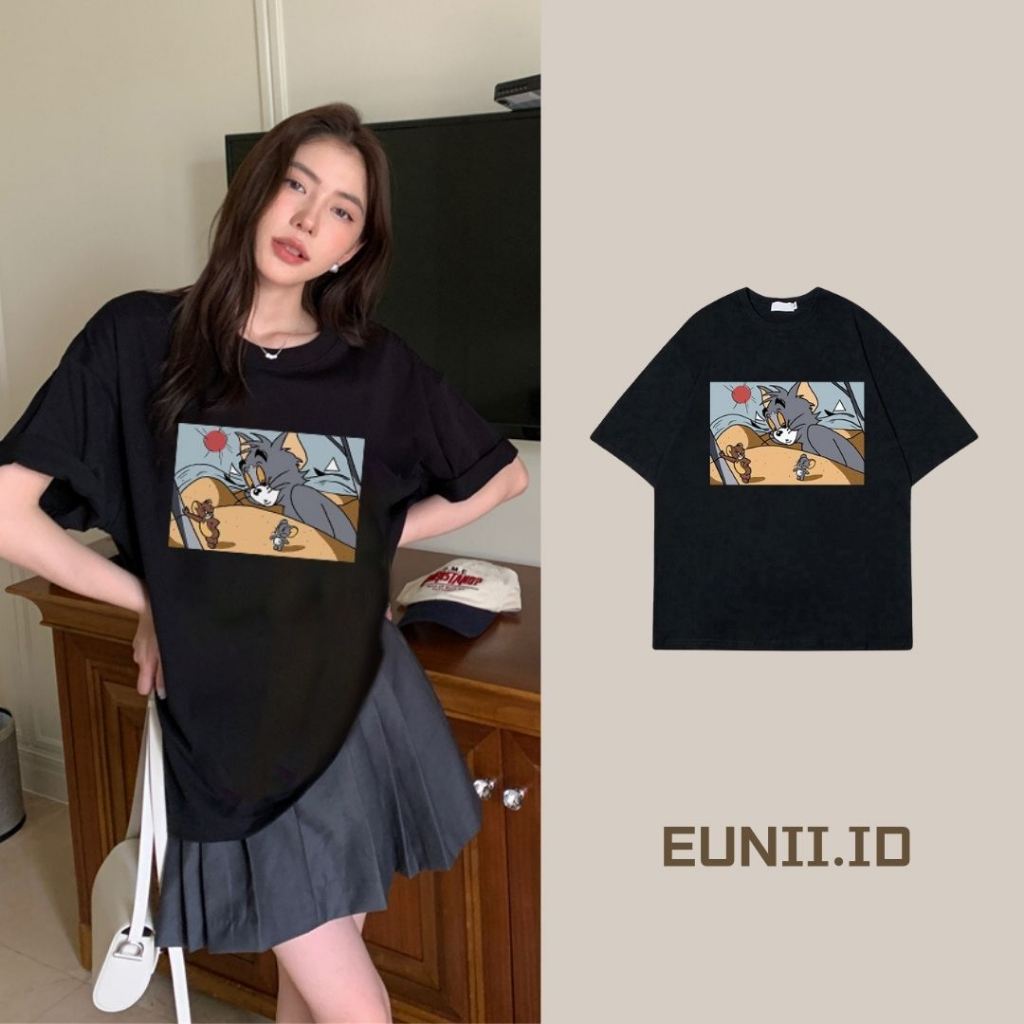 EUNII T-shirt Lengan Pendek Cartoon Tom And Jerry Printing Korean Style/Kaos Atasan Wanita/Baju Wanita/Kaos Wanita