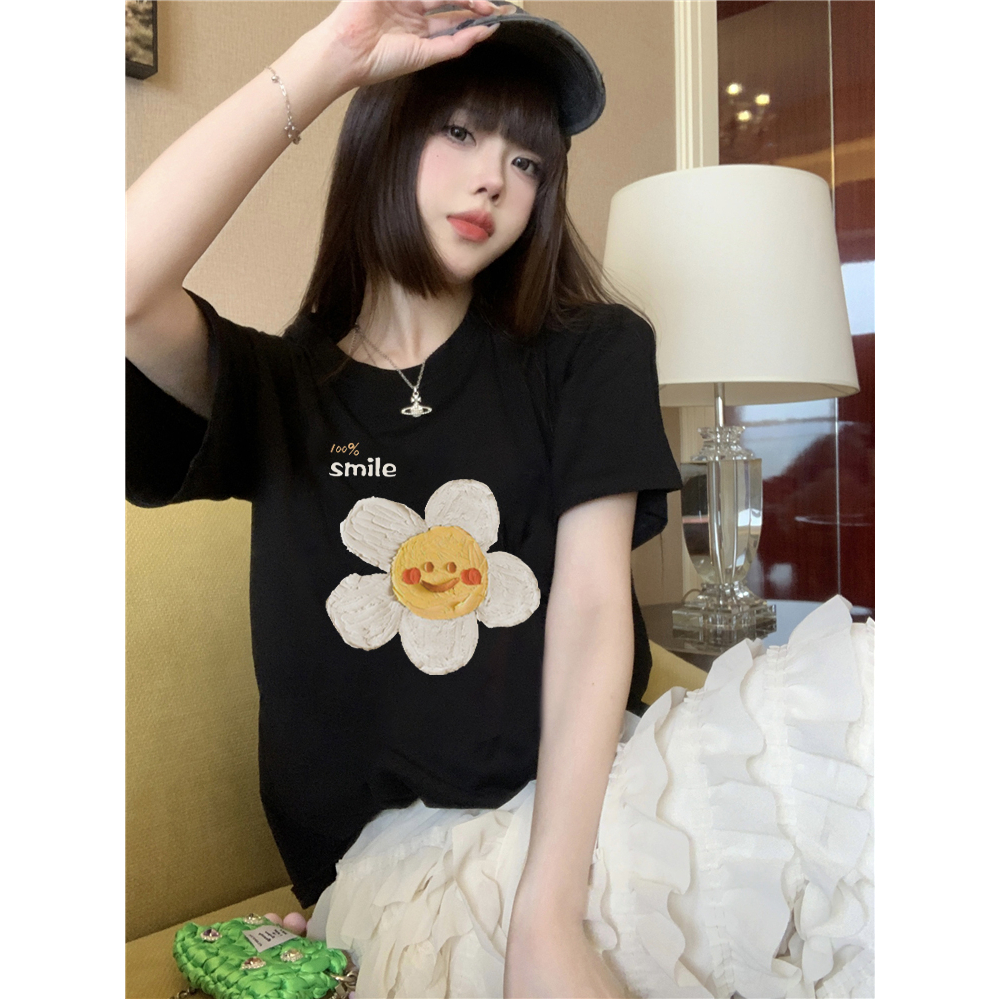 EUNII T-shirt Lengan Pendek Cute Sun Flower Printing Korean Style/Kaos Atasan Wanita/Baju Wanita/Kaos Wanita