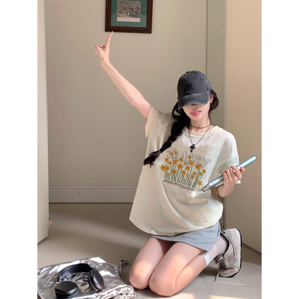 EUNII T-shirt Lengan Pendek Yellow Flowers Printing Korean Style/Kaos Atasan Wanita/Baju Wanita/Kaos Wanita