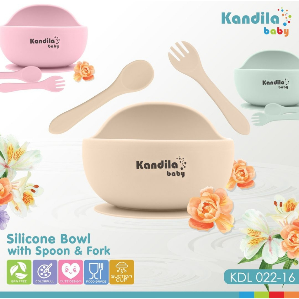 Kandila Baby KDL022-16 - Silicone Suction Bowl With Spoon and Fork Set - Mangkok Sendok Garpu Silikon Set - MPasi Bayi