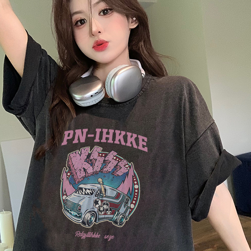 Print Washed T-shirt Kaos Lengan Pendek Oversize Vintage PInk Car Korean Style Atasan Wanita
