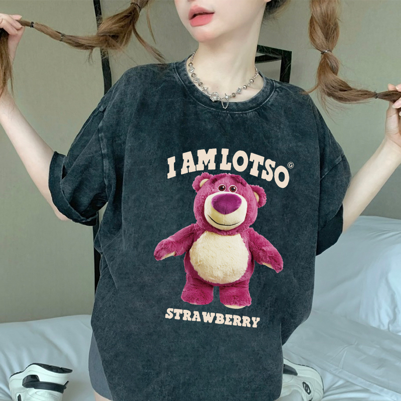 Print Washed T-shirt Kaos Lengan Pendek Oversize Cute Strawberry Bear Korean Style Atasan Wanita