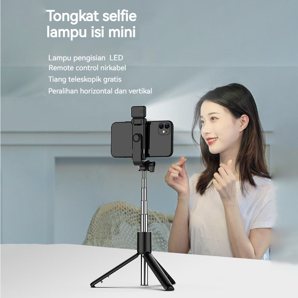Akane Zora Mini Selfie Stick Tongsis Bluetooth Tripod LED Fill Light TONGSIS 3 IN 1 Wireless