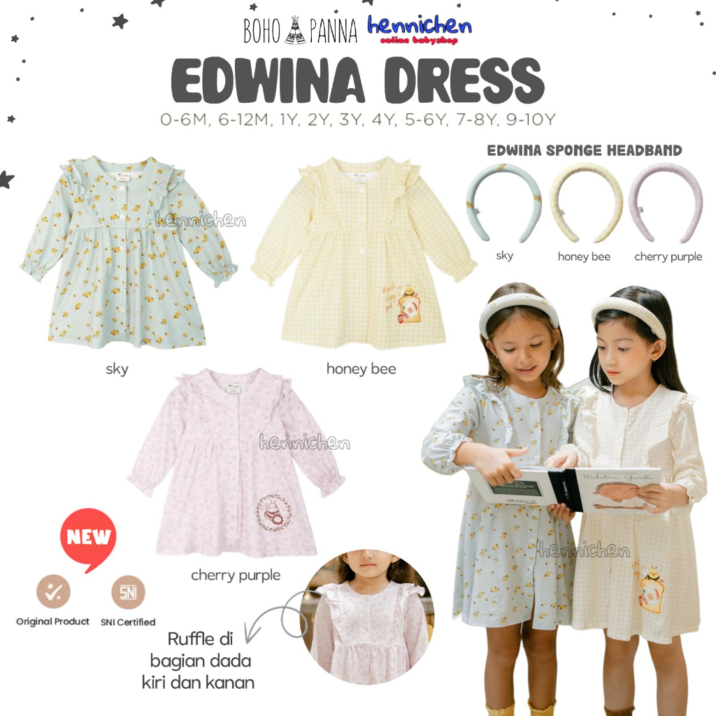 Bohopanna X OT Edwina Dress 0-10 Tahun Dress Ruffle Panjang Motif Anak Perempuan / Pakaian Muslim / Pakaian Lebaran / Raya Bohopanna x The Overtee