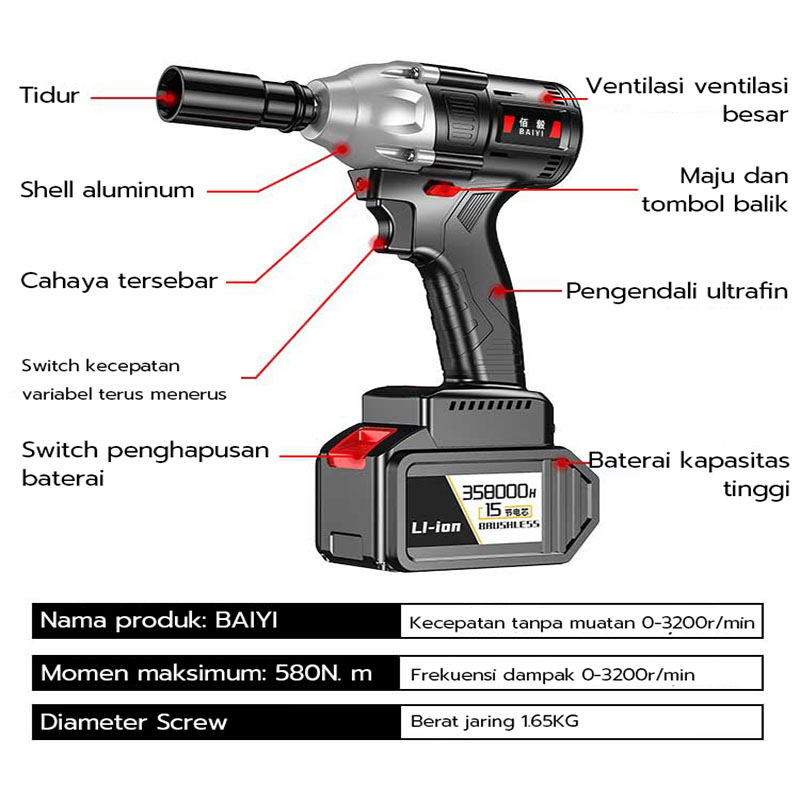 CORDLESS IMPACT WRENCH BRUSHLESS 580N.M impact baterai 3200r/min MESIN BOR UNTUK BAUT MOBIL impact 21v original 1 baterai impek baterai