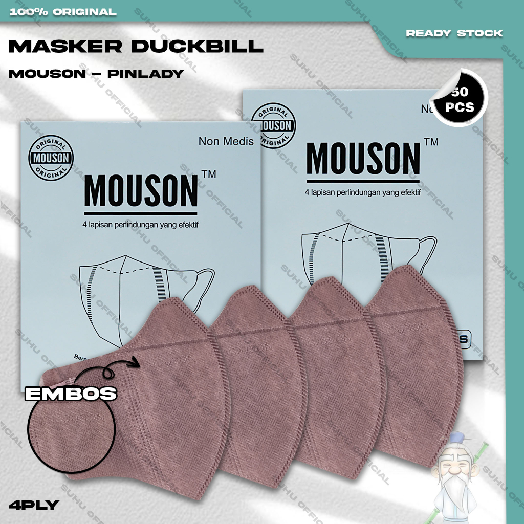 Masker Duckbil MOUSON 4Ply isi 50Pcs Warna Pink Lady Shrimp Duckbill 4 Ply Earloop Surgical Mask