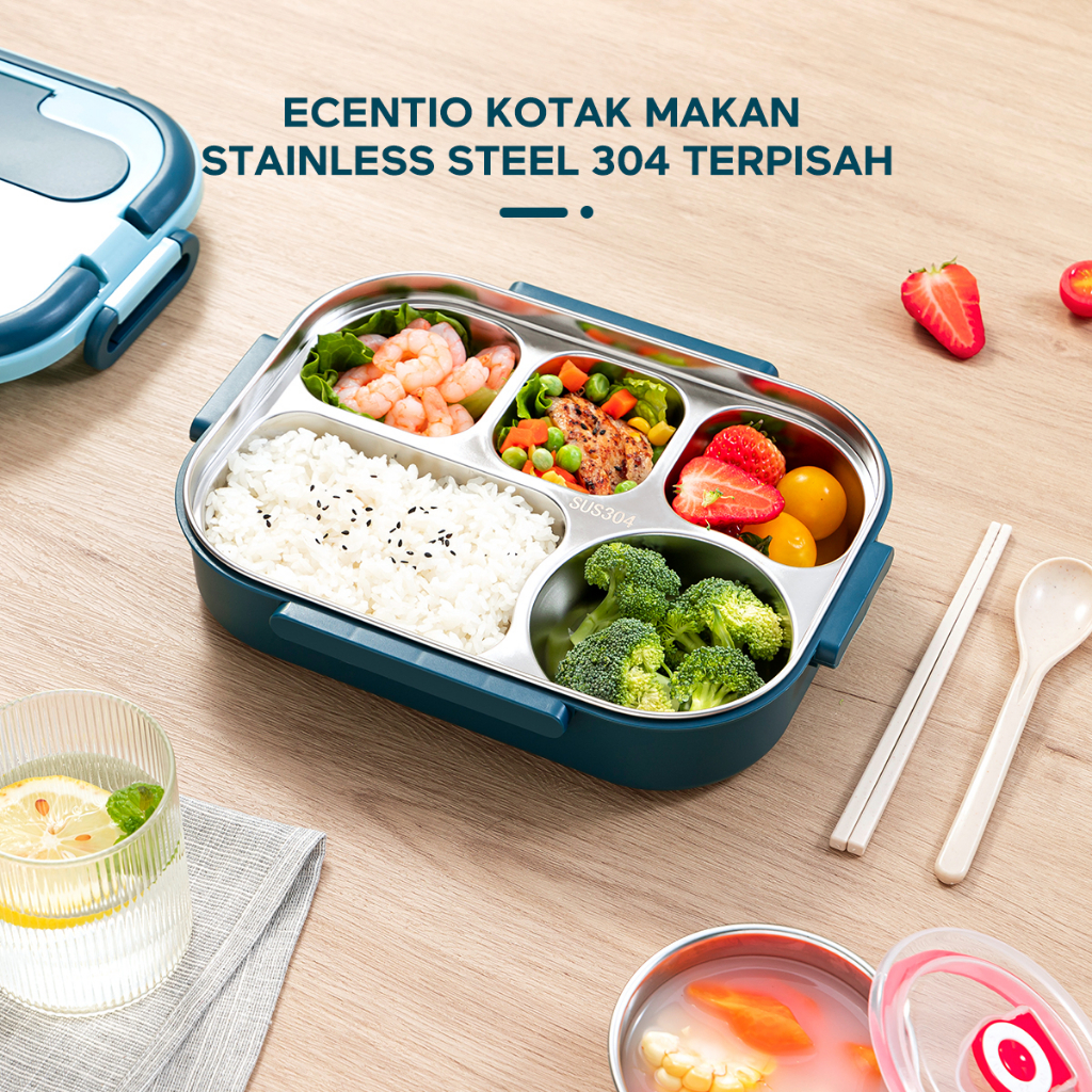 ecentio Kotak bekal makan stainless  5 sekat + tempat sup Lunch Box  termal anti tumpah tempat makan Tahan Panas 1000ml  with Sendok