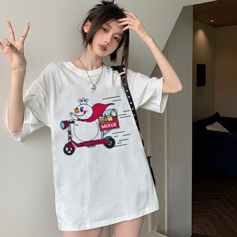 100% Katun Kaos Vintage Hitam Atasan Wanita Lengan Pendek Oversize MIXUE Printed T-shirt Baju Wanita Kekinian Korean Style