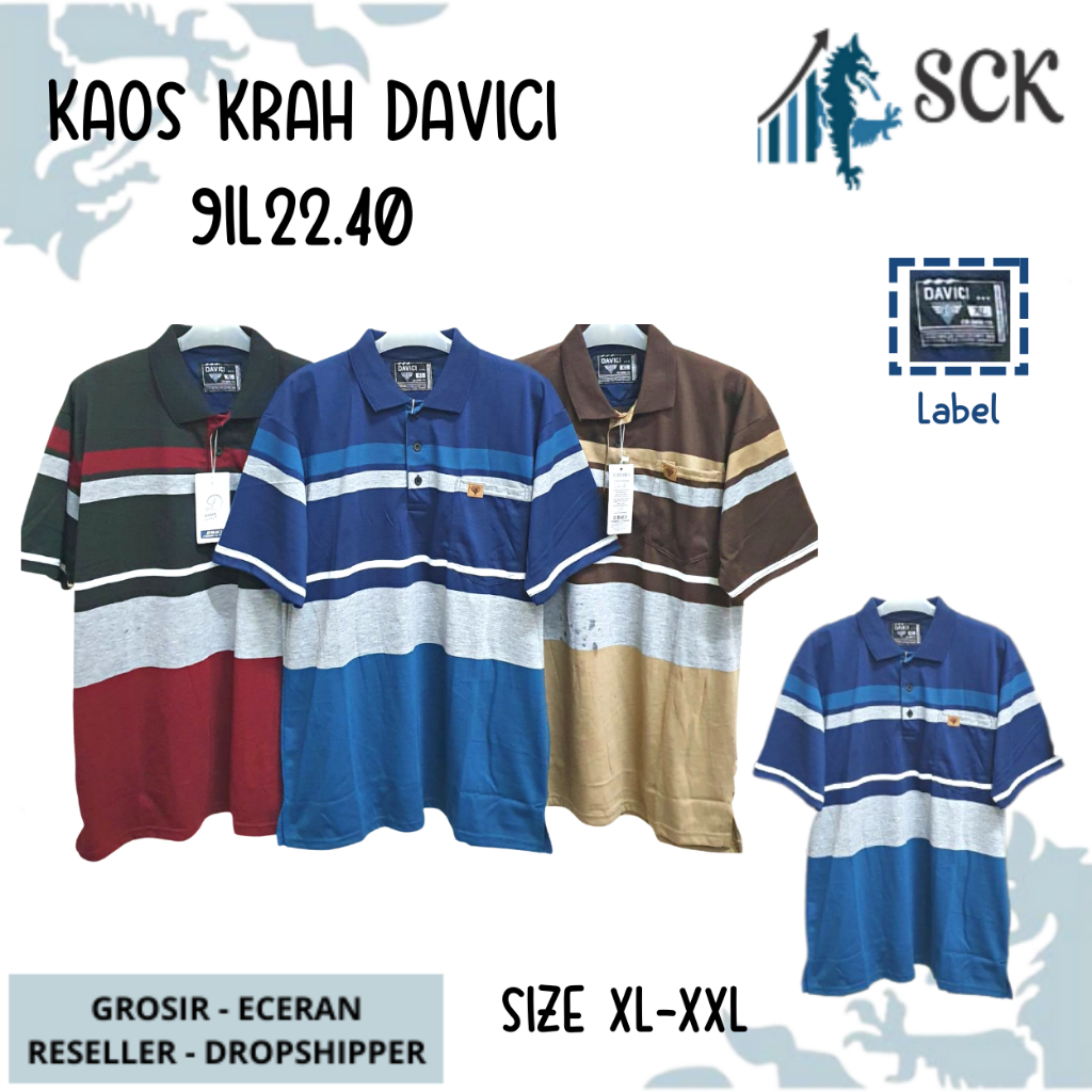 Kaos Kerah Pria DAVICI 2240 2219 2231 Motif Salur JUMBO Kombinasi Halus Original / Baju Cowok Size M-L - sckmenwear GROSIR