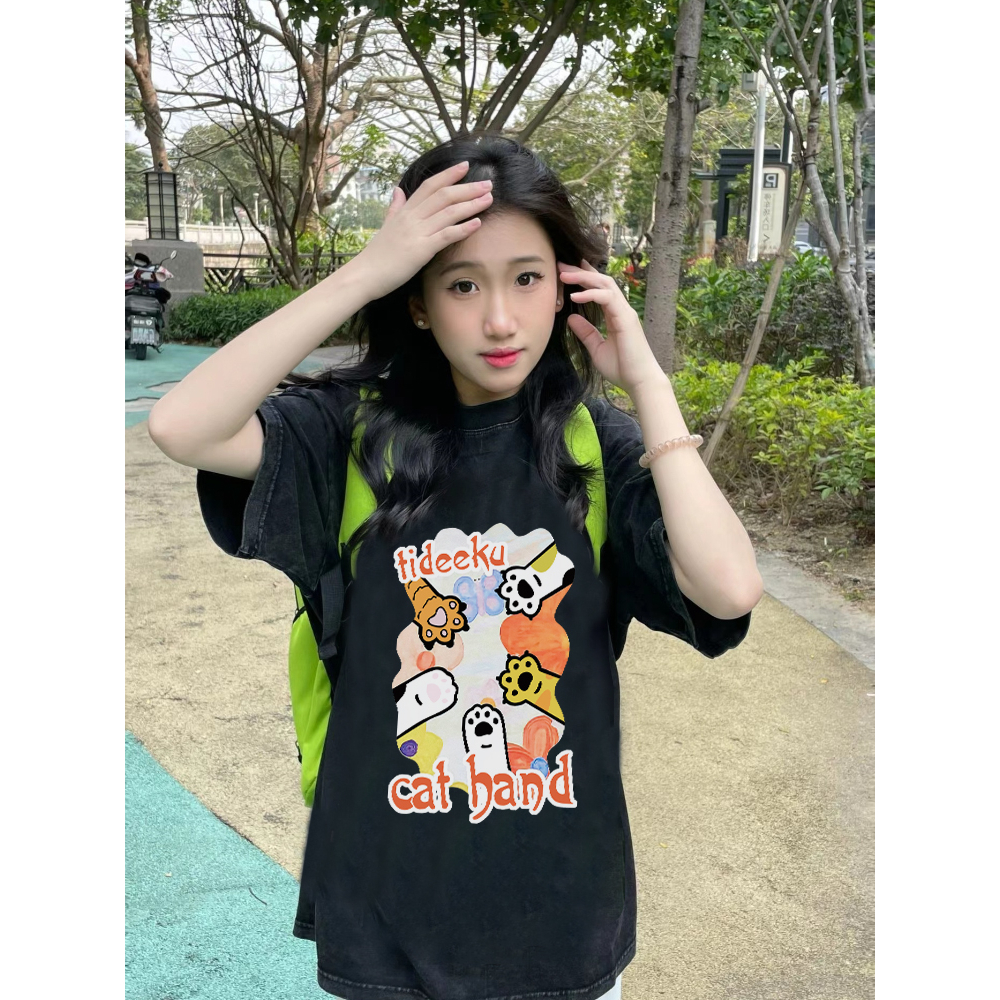 EUNII T-shirt Lengan Pendek Black Washed Cute Cat Paw Printing Korean Style/Kaos Atasan Wanita/Baju Wanita