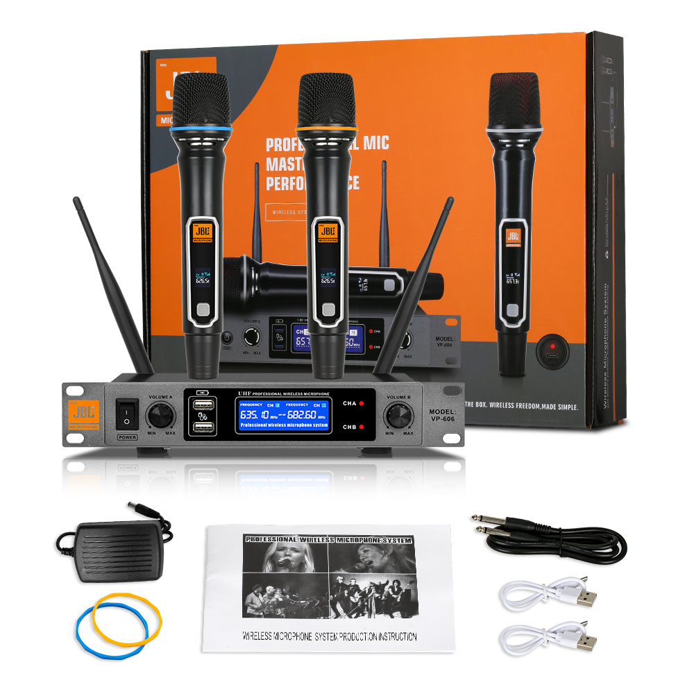 VP-606 Professional 2-channel Wireless Microphone UHF Receiver dengan port USB dengan MIC nirkabel asli yang dapat diisi ulang