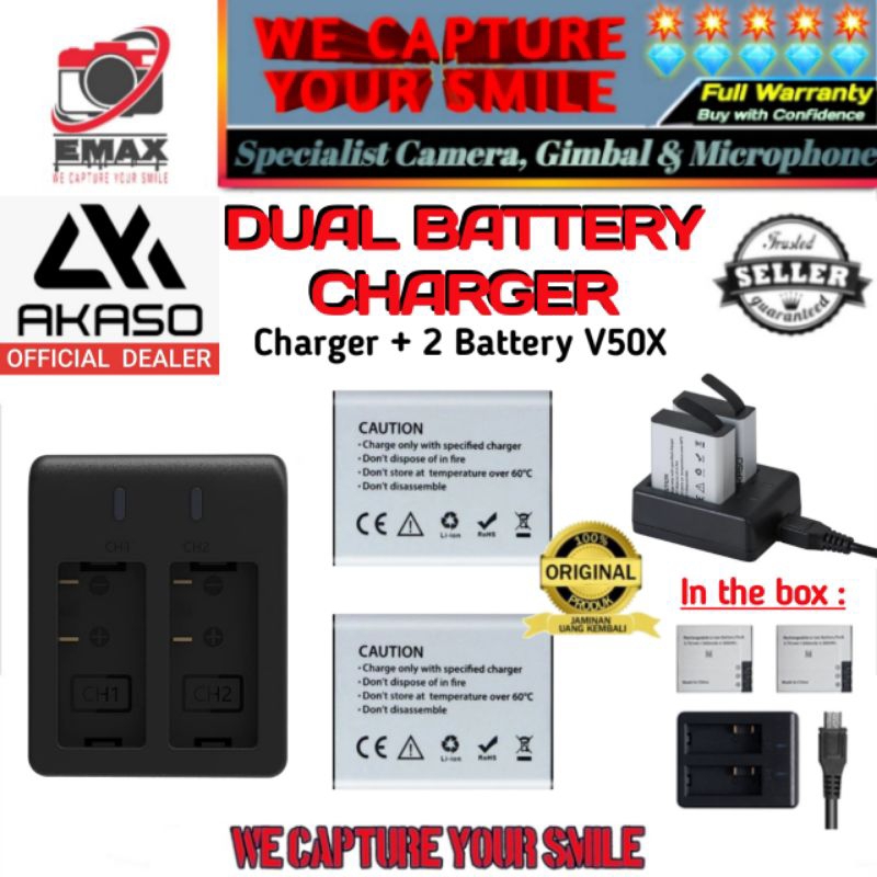 AKASO V50X Brave 4 EK7000 Dual Charger + 2 Battery Kit Actioncam 4K Wifi EIS Camera Baterai Akaso V5