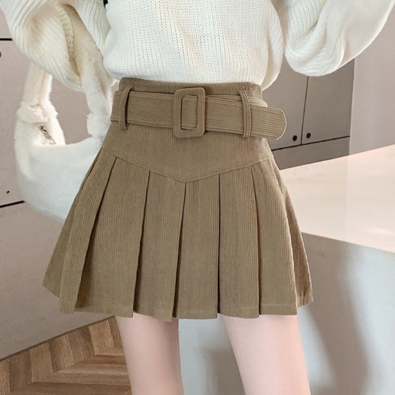 Corduroy Rok Korean Style Plisket Hitam High Retro Waist Vintage Skirt Mini